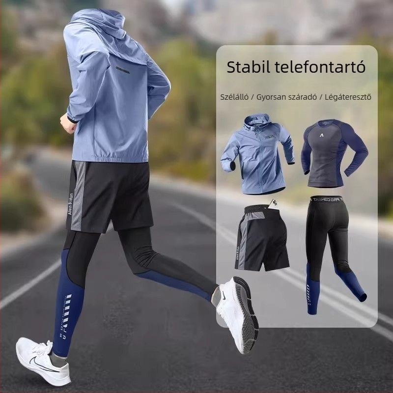 Férfi futó szett telefontokkal, tavaszi gyorsan száradó dzseki kültéri edzésekhez