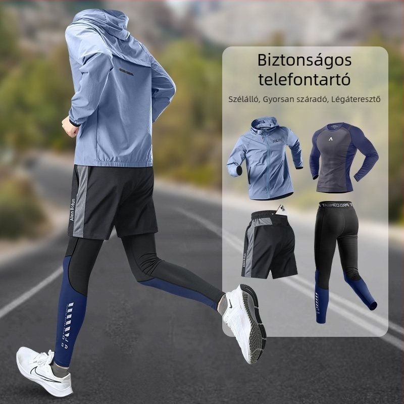 Férfi futó szett telefontokkal, tavaszi gyorsan száradó dzseki kültéri edzésekhez