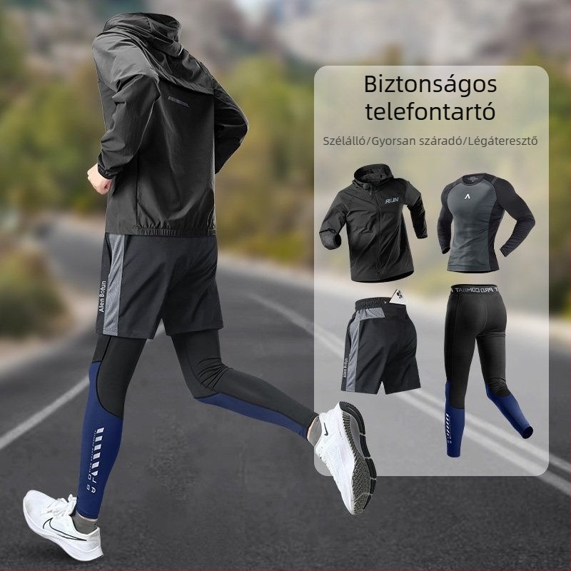 Férfi futó szett telefontokkal, tavaszi gyorsan száradó dzseki kültéri edzésekhez
