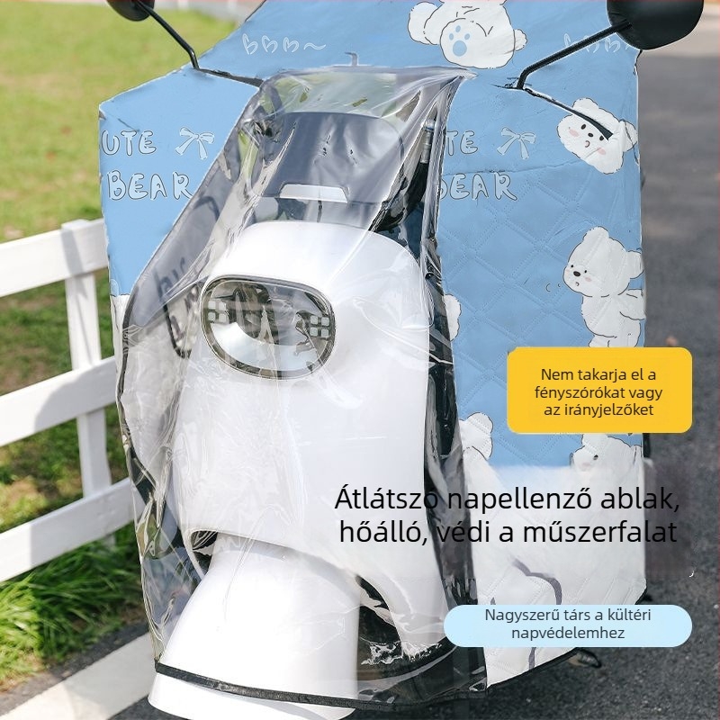 Nyári köpeny-stílusú szélvédő takaró elektromos járművekhez és motorkerékpárokhoz, megnagyobbított és vastagított kivitel, napvédő és extra tároló.
