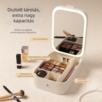 Okos sminktükör LED világítással és integrált kozmetikai tároló doboz