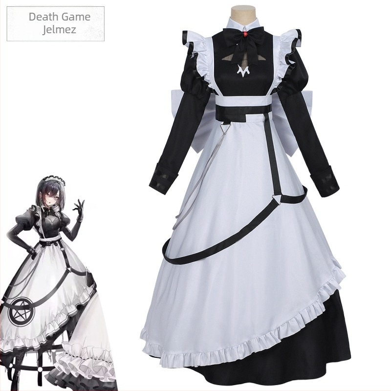 Death Game ihletésű cosplay ruha, kísérteties inas, anime-stílus, sötétbarna cukorszíne