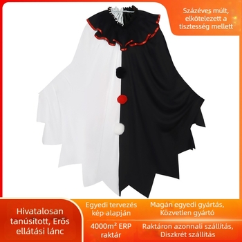 Rémisztő bohóc cosplay kosztüm Halloweenre fekete-fehér köpennyel – felnőtt színpadi cosplay ruházat