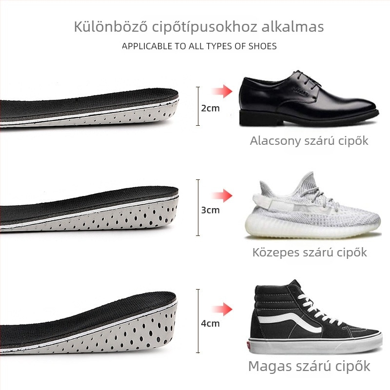 Magasságnövelő talpbetét — láthatatlan belső emelős talpbetét, meleg, teljes hosszúságú, uniszex, 2–4 cm magassággal, illik sportcipőkhöz és hétköznapi lábbelikhez