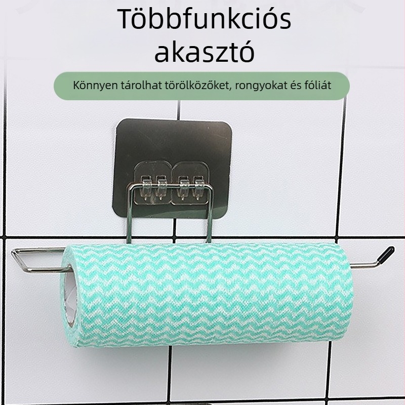 Fúrás nélküli falra szerelhető, többfunkciós rongy- és törlőkendő tartó, fém