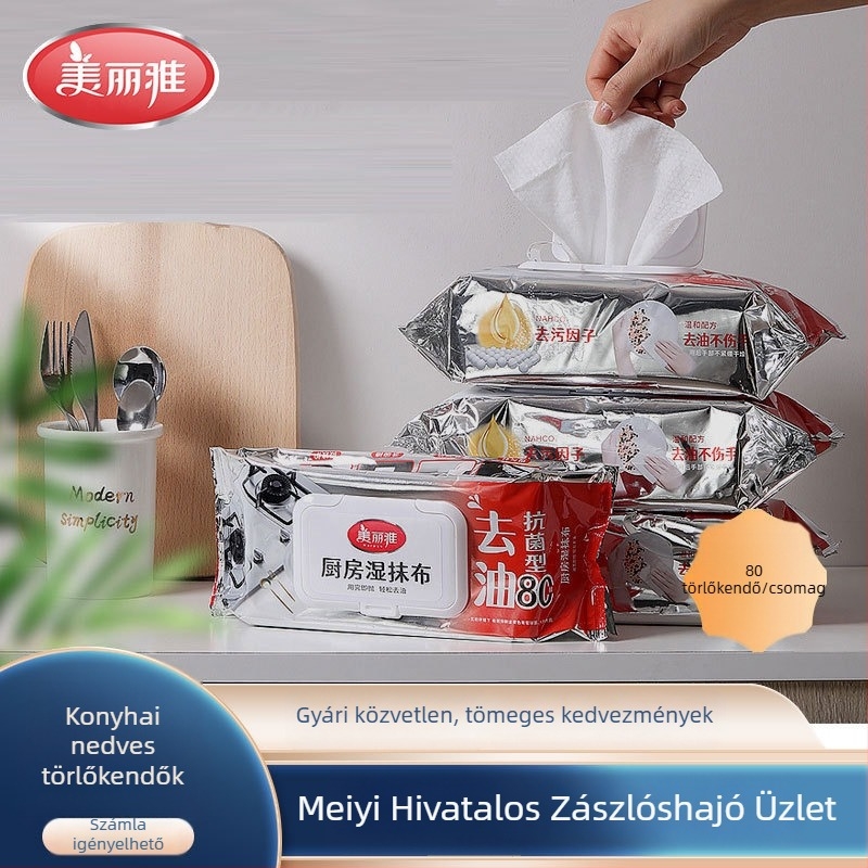 Meiliya konyhai nedves törlőkendők: erős zsírt és foltok eltávolítása, egyszer használatos, nagy kiszerelés.