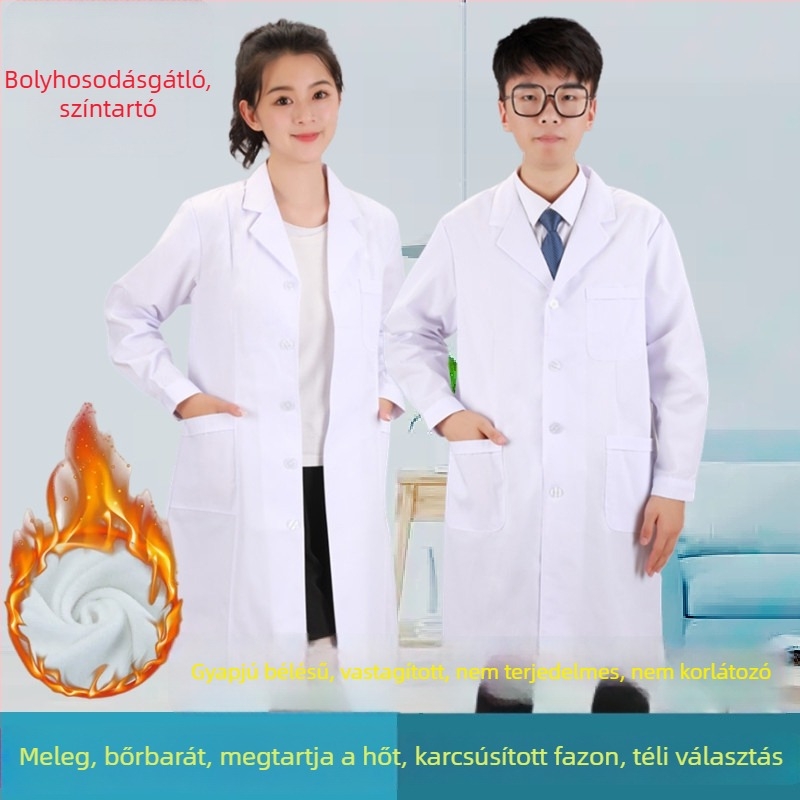 Uniszex fehér orvosi köntös hosszú és rövid ujjú, orvosok, ápolók és gyógyszerészek számára, klinikai/laboratóriumi viselet, fleece bélés.