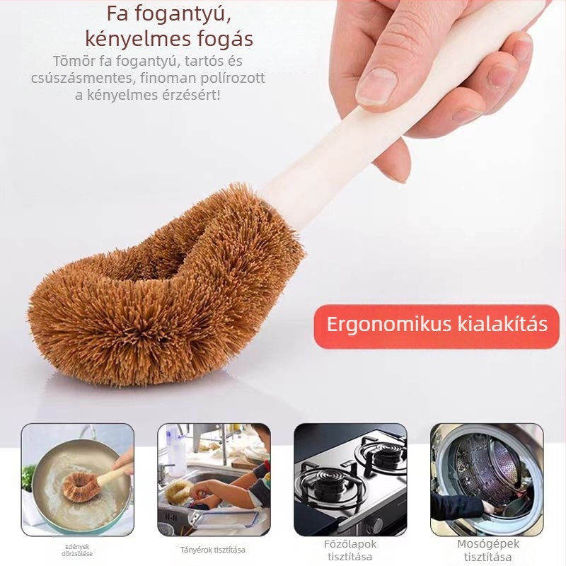 Hosszú nyelű fazék ecset kókuszrost szálakkal a konyhához