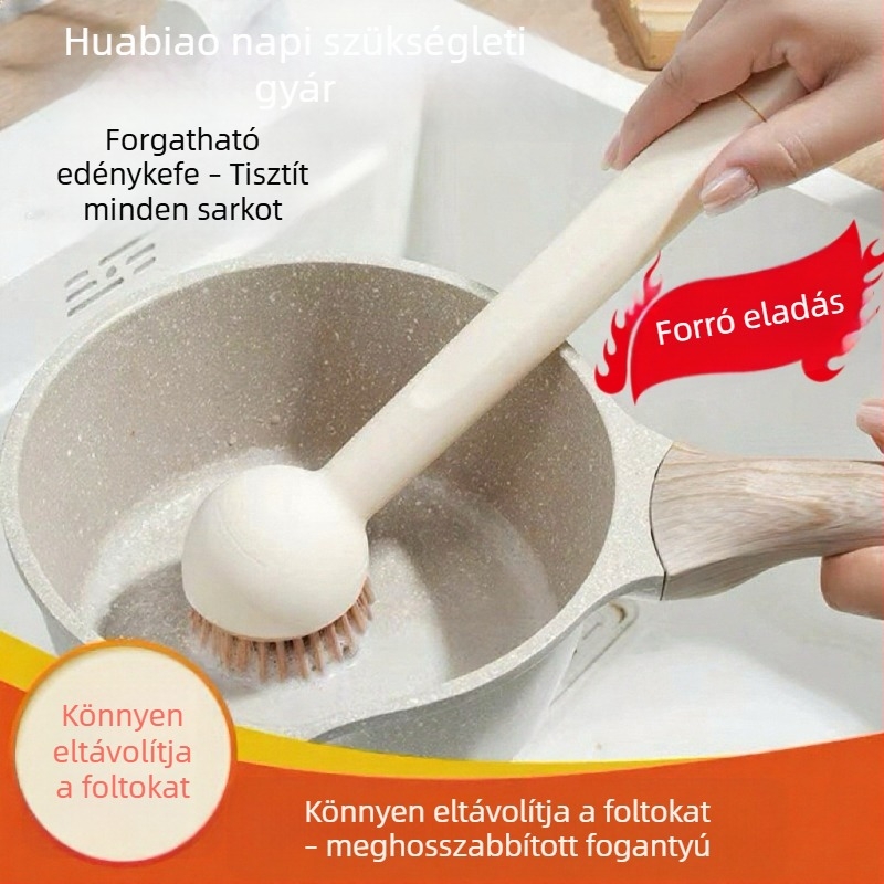 Hosszú nyelű fazekecset forgó fejjel edények és fazekak tisztításához