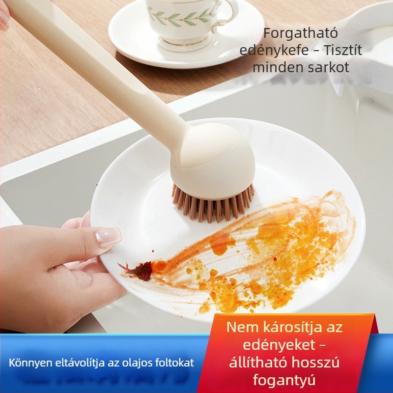 Hosszú nyelű fazekecset forgó fejjel edények és fazekak tisztításához