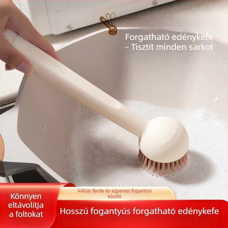 Hosszú nyelű fazekecset forgó fejjel edények és fazekak tisztításához