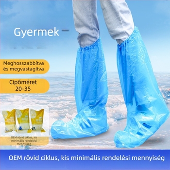 Egyszer használatos esővédő cipővédő, kék, hosszú, PE anyagból, megerősített, közép-magas hosszúságú csővel, kopásálló és vízálló.