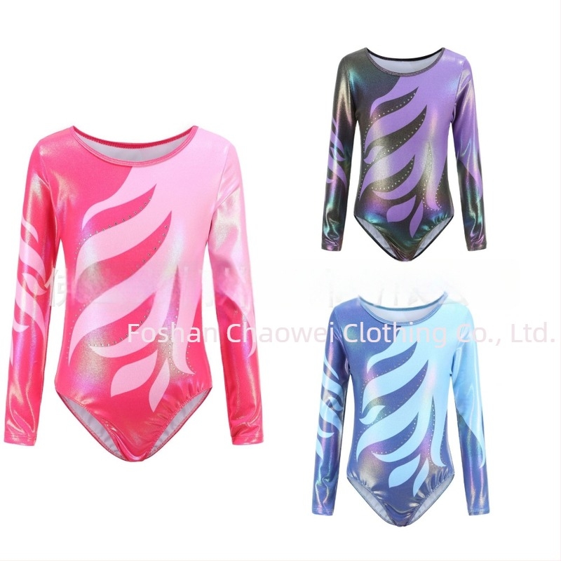 Gyerekeknek szóló hosszú ujjú rhinestone díszítésű gimnasztikai leotard, aranyfóliás kivitel, gyerekeknek tánc- és előadásruha