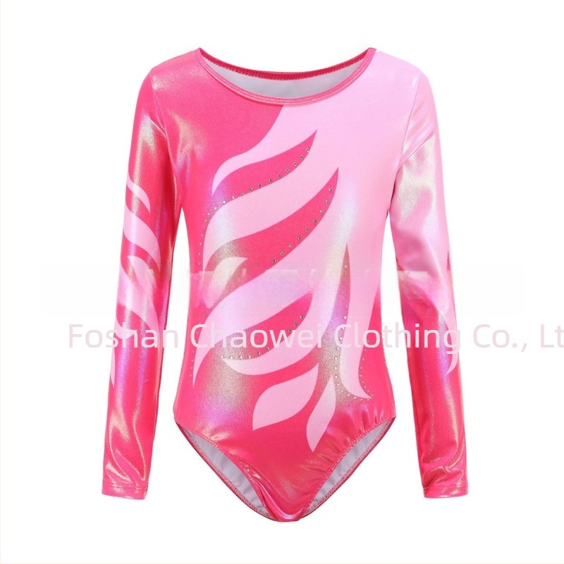 Gyerekeknek szóló hosszú ujjú rhinestone díszítésű gimnasztikai leotard, aranyfóliás kivitel, gyerekeknek tánc- és előadásruha
