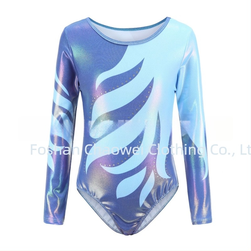 Gyerekeknek szóló hosszú ujjú rhinestone díszítésű gimnasztikai leotard, aranyfóliás kivitel, gyerekeknek tánc- és előadásruha