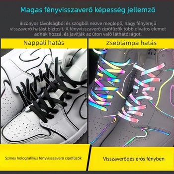 Holografikus fényvisszaverő cipőfűzők AJ1/AF1 – lapos, színes fűzők 3M reflexiós hatással és chameleon lézerhatással