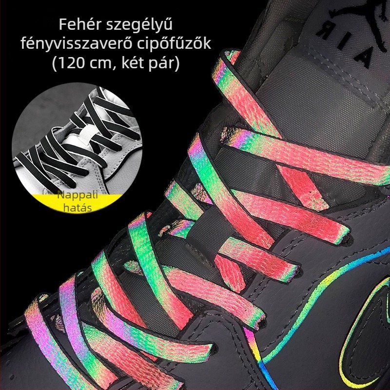 Holografikus fényvisszaverő cipőfűzők AJ1/AF1 – lapos, színes fűzők 3M reflexiós hatással és chameleon lézerhatással