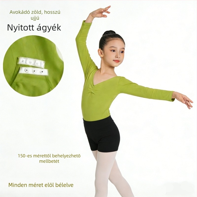 Gyermekek számára készült őszi-téli hosszú ujjú tánc gyakorló body, pamut-lycra, lányok számára, kínai néptánc vizsgára