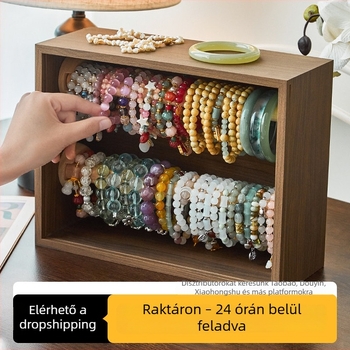 Két szintes diófából készült karkötő- és banglilemez bemutató állvány, vintage antik stílusú ékszertároló