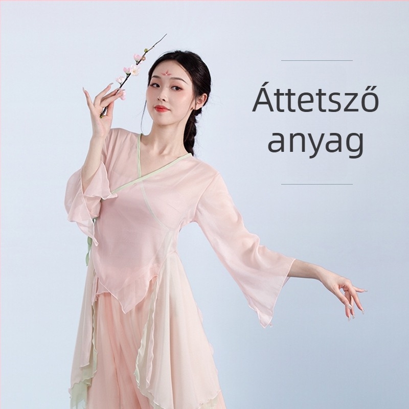 Női chiffon felső kínai tánchoz, előadásra szánt ruházat hagyományos etnikai stílussal, rövid ujjú