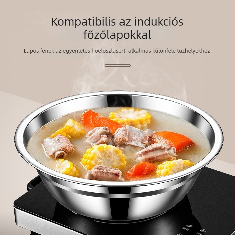 Élelmiszer-minőségű 201 rozsdamentes acél tál, sík alapú, vastagított kialakítás, konyhai háztartási használatra