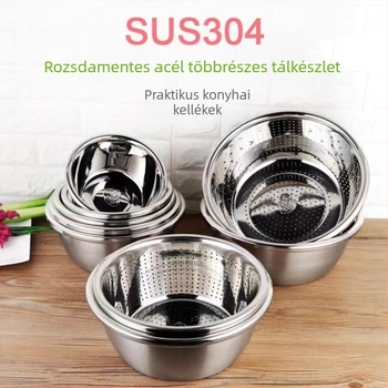 Élelmiszer-minőségű 304 rozsdamentes acél konyhai tál, vastagabb kivitelű, egymásra tehető, alkalmas tojás felverésére, tészta dagasztására, levesekhez, zöldségek mosására és olaj kezelésére.