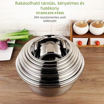 Élelmiszer-minőségű 304 rozsdamentes acél konyhai tál, vastagabb kivitelű, egymásra tehető, alkalmas tojás felverésére, tészta dagasztására, levesekhez, zöldségek mosására és olaj kezelésére.