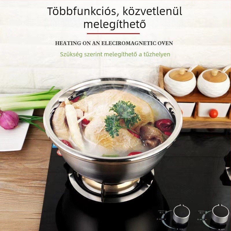 Élelmiszer-minőségű 304 rozsdamentes acél konyhai tál, vastagabb kivitelű, egymásra tehető, alkalmas tojás felverésére, tészta dagasztására, levesekhez, zöldségek mosására és olaj kezelésére.