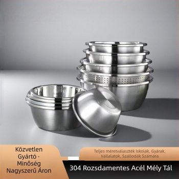 Élelmiszer-minőségű rozsdamentes acélból készült nagy peremes tál, sík aljzattal; alkalmas tészta dagasztására, arc mosására és zöldségek tisztítására; sokoldalú konyhai és otthoni használatra.