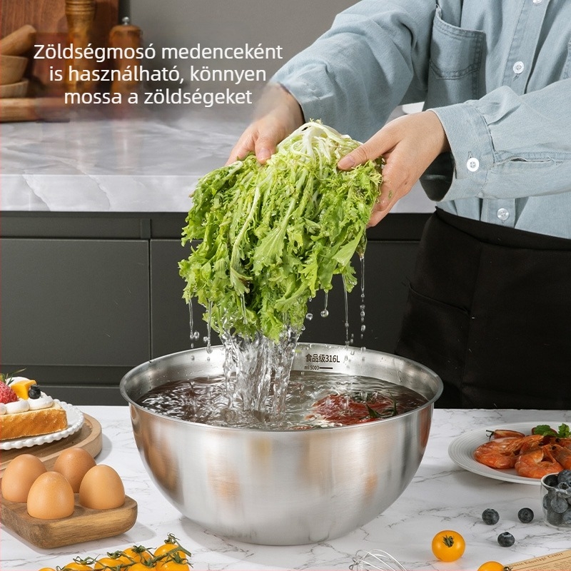 Rozsdamentes acél mérőskálás keverőtál, sokoldalú konyhai tál sütéshez, salátákhoz, hideg tésztához és tojás felveréséhez