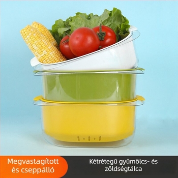 PET kék kettős rétegű zöldség- és gyümölcskosár drenaaž funkcióval, otthoni konyhának, méretek 26×24×10.5 cm