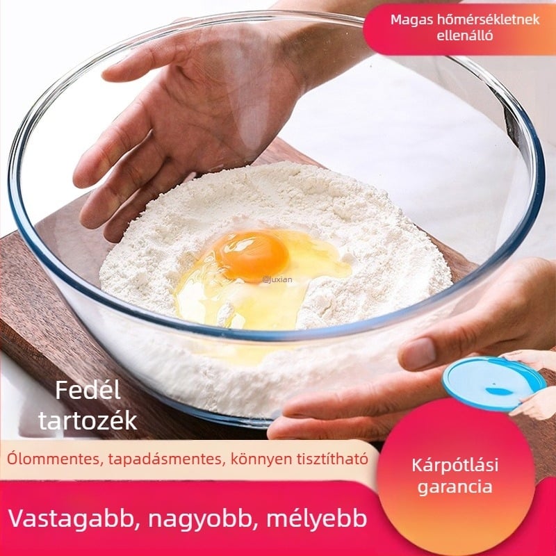Nagy méretű hőálló üveg keverőtál tojásfelveréséhez, tésztához és salátákhoz