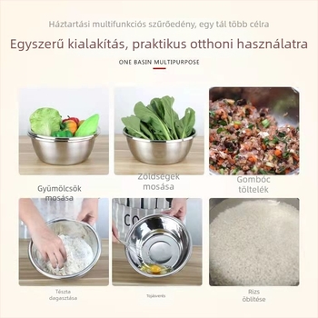 201 rozsdamentes acélból készült kerek konyhai tál, otthoni használatra, többfunkciós edény rizs és zöldségek mosására, tojások felverésére és tészta dagasztására, fűszerezéshez és gyümölcsöknek