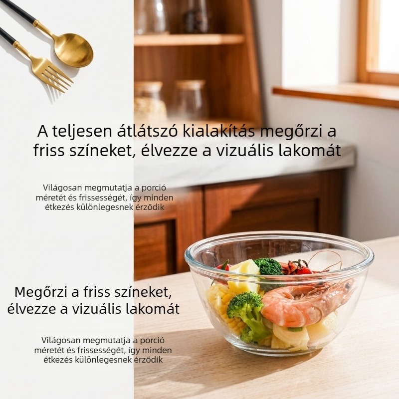Hőálló, átlátszó üvegből készült keverőtál, vastagított, mikrohullámú sütőbe tehető, nagy saláta- és tésztás tál