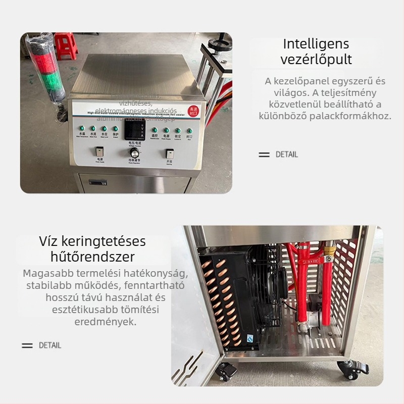 Vízhűtéses elektromágneses indukciós alumíniumfóliás záróberendezés rendhagyó formájú üvegekhez, kis tömítés, soros fóliazáró gép