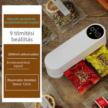 Hordozható, újratölthető tasakzáró készülék műanyag zacskókhoz és nassolnivalókhoz