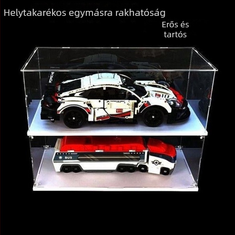 Akril átlátszó bemutató doboz porvédő fedéllel modellautók és építőblokkok számára