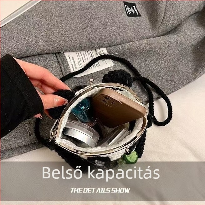 Kész óriás panda horgolt női táska, nagy kapacitású kereszt- vagy vállon átívelő, csattal záródó, aranyos rajzfilmszerű dizájn gyapjúból