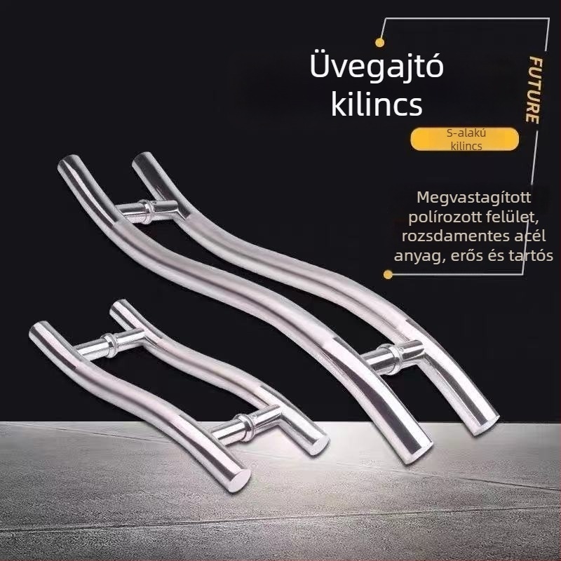 Üvegajtó fogantyú S-alakú rögzítő lábbal, tolóajtóhoz és faajtóhoz — modern minimál stílusú főajtó készlet
