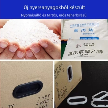 Műanyag kartondoboz-fogantyú csat; hullámkartonhoz; ovális, hatszögletű és négyzet alakú porálló, megerősített rögzítő elemek a tároláshoz