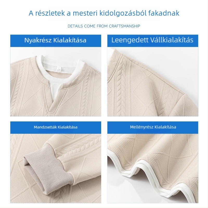 Férfi V-nyakú jacquard pulóver csavart kötéses mintával, laza szabás, tavasz 2026
