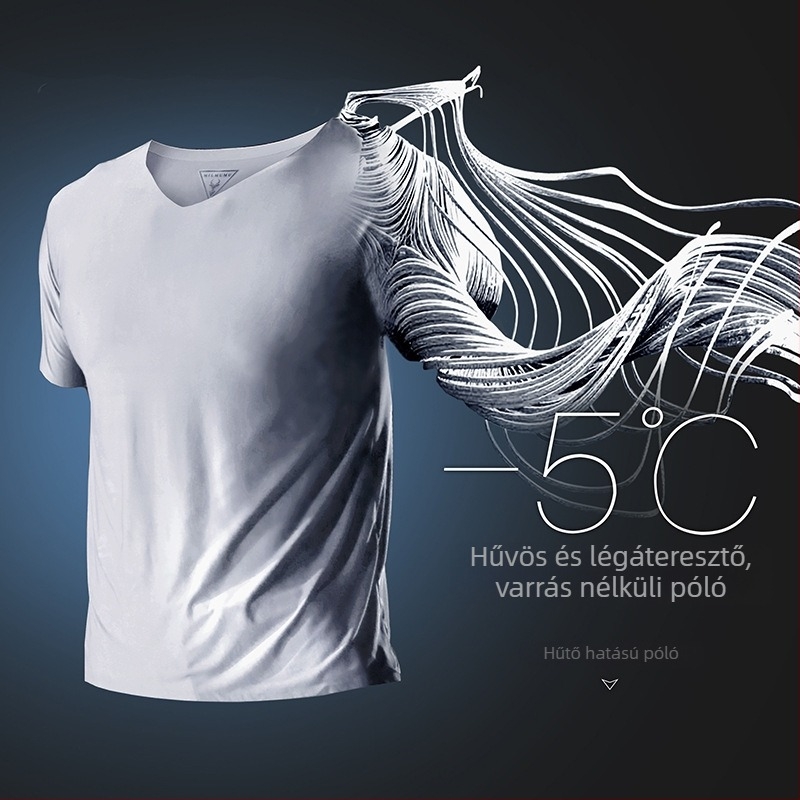 MILMUMU férfi Goat Milk Silk rövid ujjú V-nyakú póló, slim fit, gyorsan száradó, hűsítő, vékony