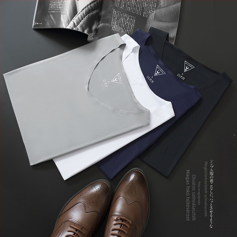 MILMUMU férfi Goat Milk Silk rövid ujjú V-nyakú póló, slim fit, gyorsan száradó, hűsítő, vékony