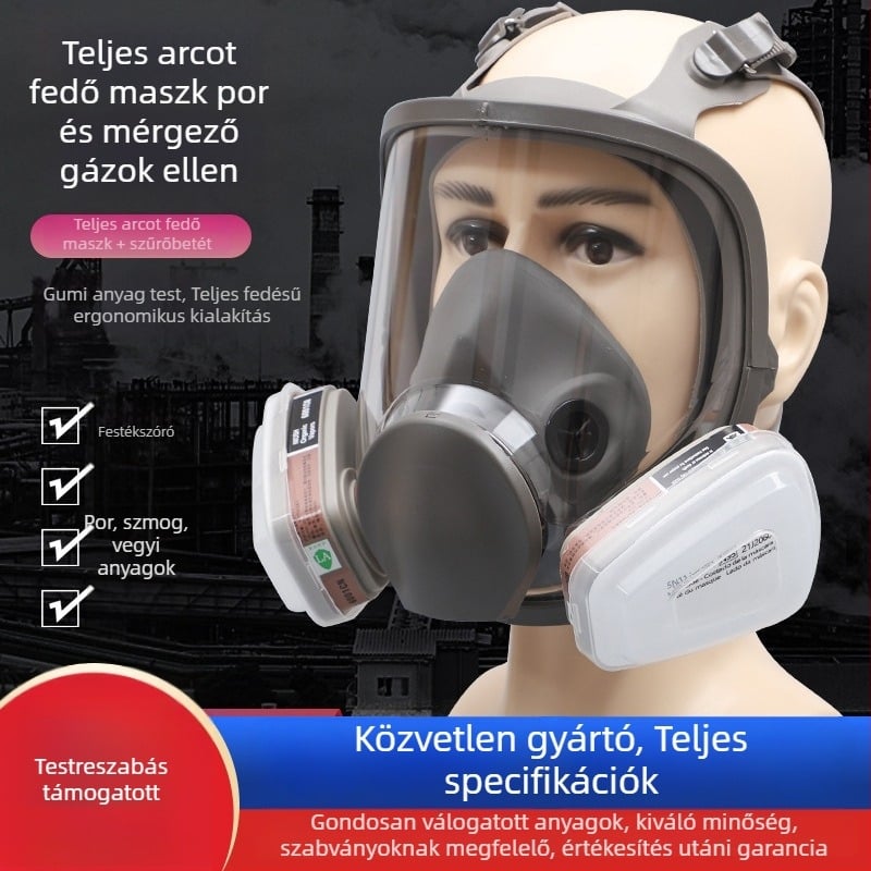 Teljes arcú gázmaszk policarbonátból és folyékony szilikonból, vegyi permetezéshez, festéshez és porvédelemhez, 6800 modell