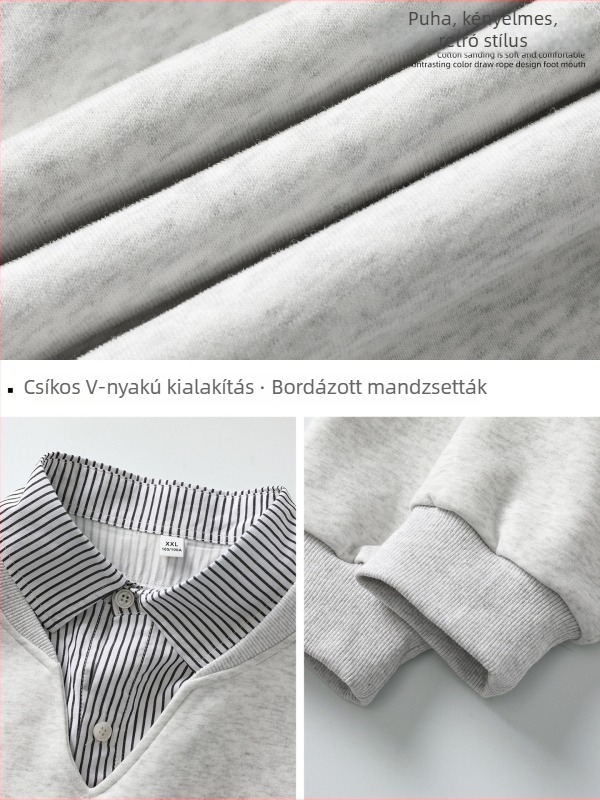 Férfi pulóverdzseki hamis két részes dizájnnal, függőleges csíkos textúra, gallér, mint egy ing, nehéz anyag, főiskolai stílus