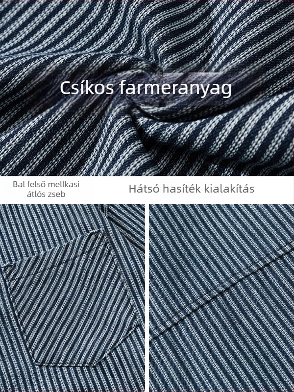 Vintage csíkos mosott denim hosszú ujjú ing, férfiaknak, tavaszi laza szabás, hátoldali elválasztó dizájn, japán stílus