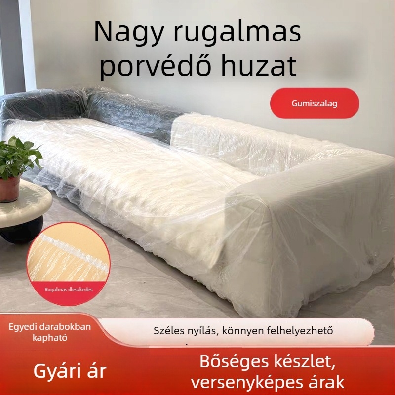 Egyszer használatos, nagy méretű átlátszó PE porvédő fólia elasztikus szájjal és húzózsinórral – bútorokhoz, ágyakhoz, kanapákhoz és étkezőasztalokhoz