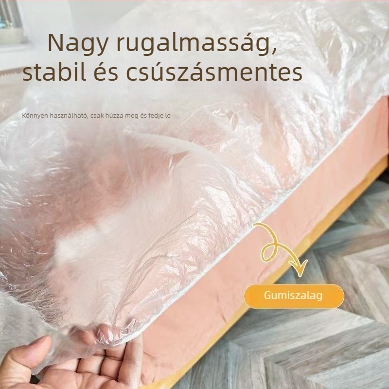 Egyszer használatos, nagy méretű átlátszó PE porvédő fólia elasztikus szájjal és húzózsinórral – bútorokhoz, ágyakhoz, kanapákhoz és étkezőasztalokhoz