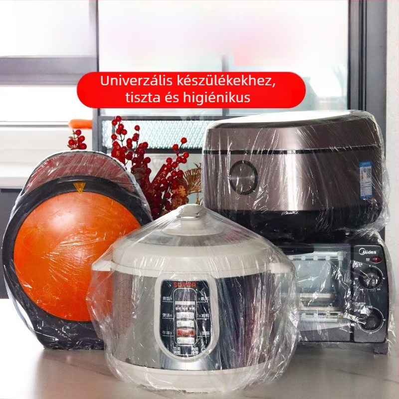 Egyszer használatos porvédő huzat elektromos készülékekhez és konyhai eszközökhöz, átlátszó PE műanyagból, szennyeződés elleni, por- és olajálló védelem.