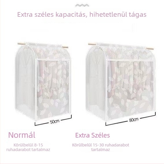 Teljesen zárt, átlátszó műanyag ruhatartó védőhuzat, vállfára akasztható ruhákhoz, por- és nedvességvédelmet nyújt.